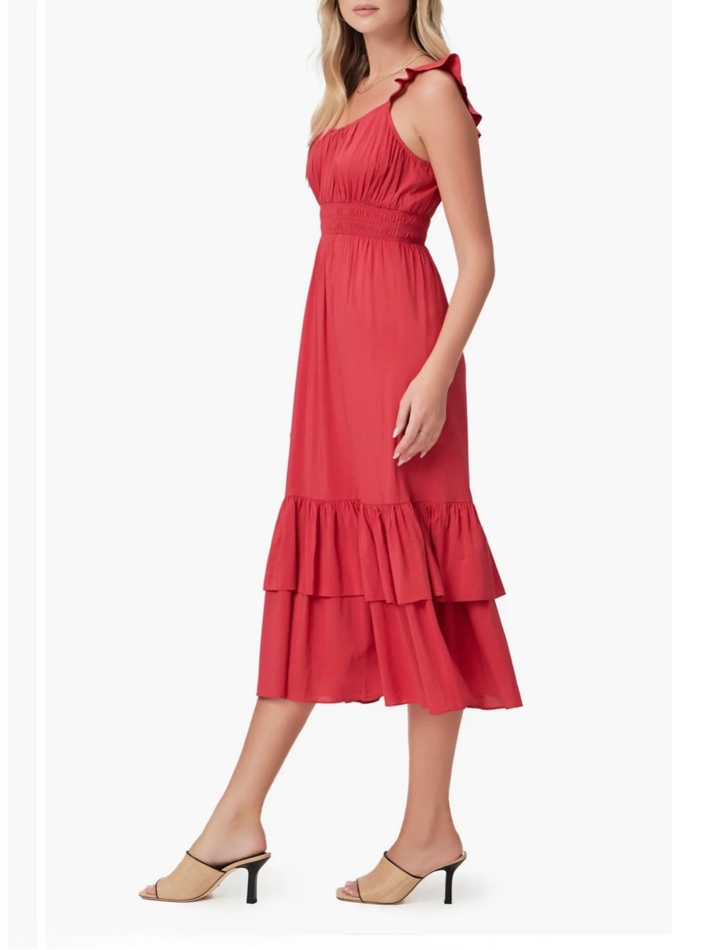 PAIGE Gisela Tiered Hem Midi Dress Red Strawberry Ruffle with Smocked Waist 12 - Picture 1 of 11